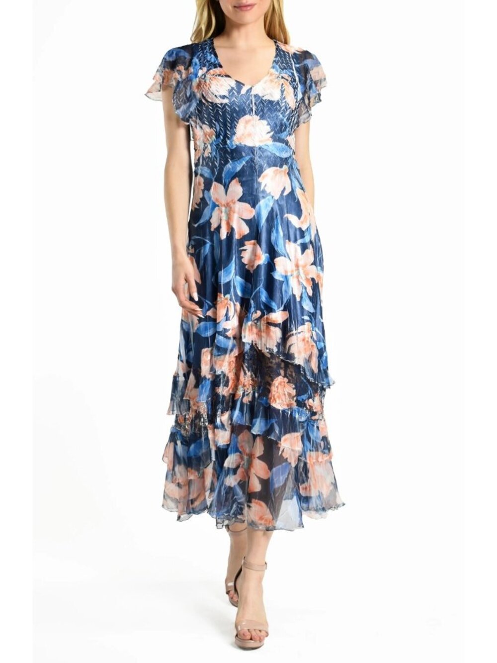 Komarov Women's Short Sleeve V-Neck Tiered Maxi Dress Navy Floral Size M